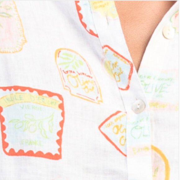 NWT Cynthia Rowley 100% Linen Olive Oil Label Print Button Down Shirt - Picture 2 of 10